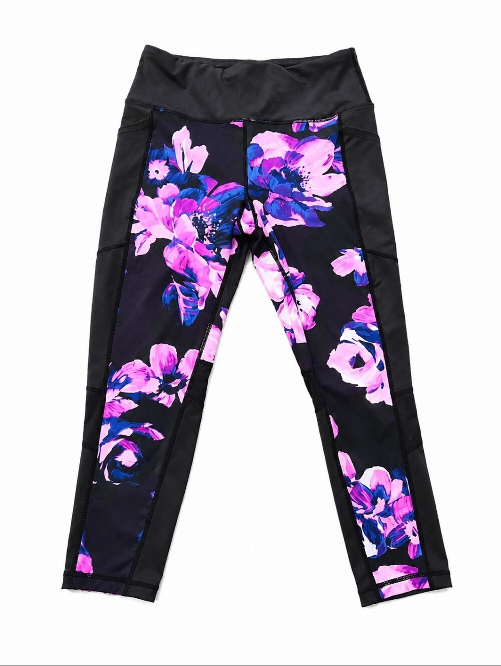 LuLaRoe Rise Crop Leggings Medium Black Pink Floral Activewear